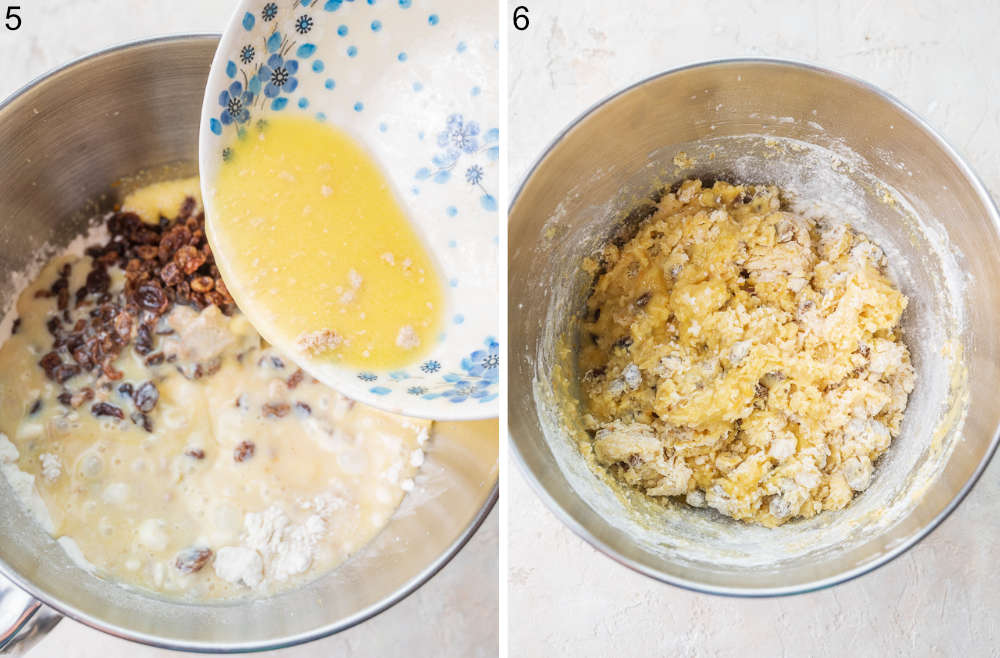 Yeast mixture is being added to a dough. Roughly combined ingredients for babka dough.