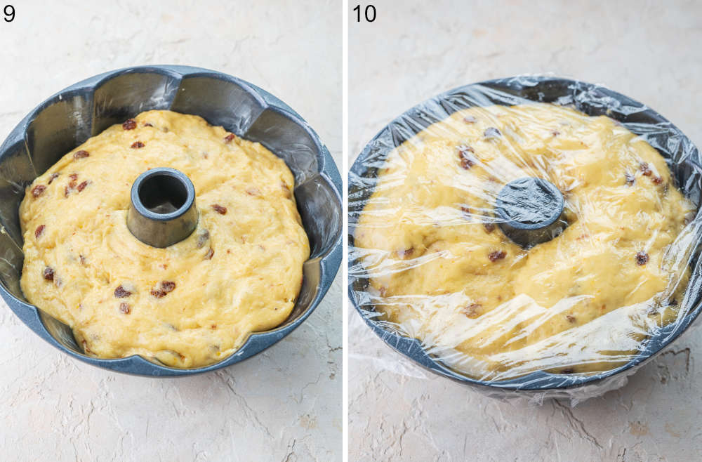 Babka dough in a bundt pan. Risen babka dough in a bundt pan.