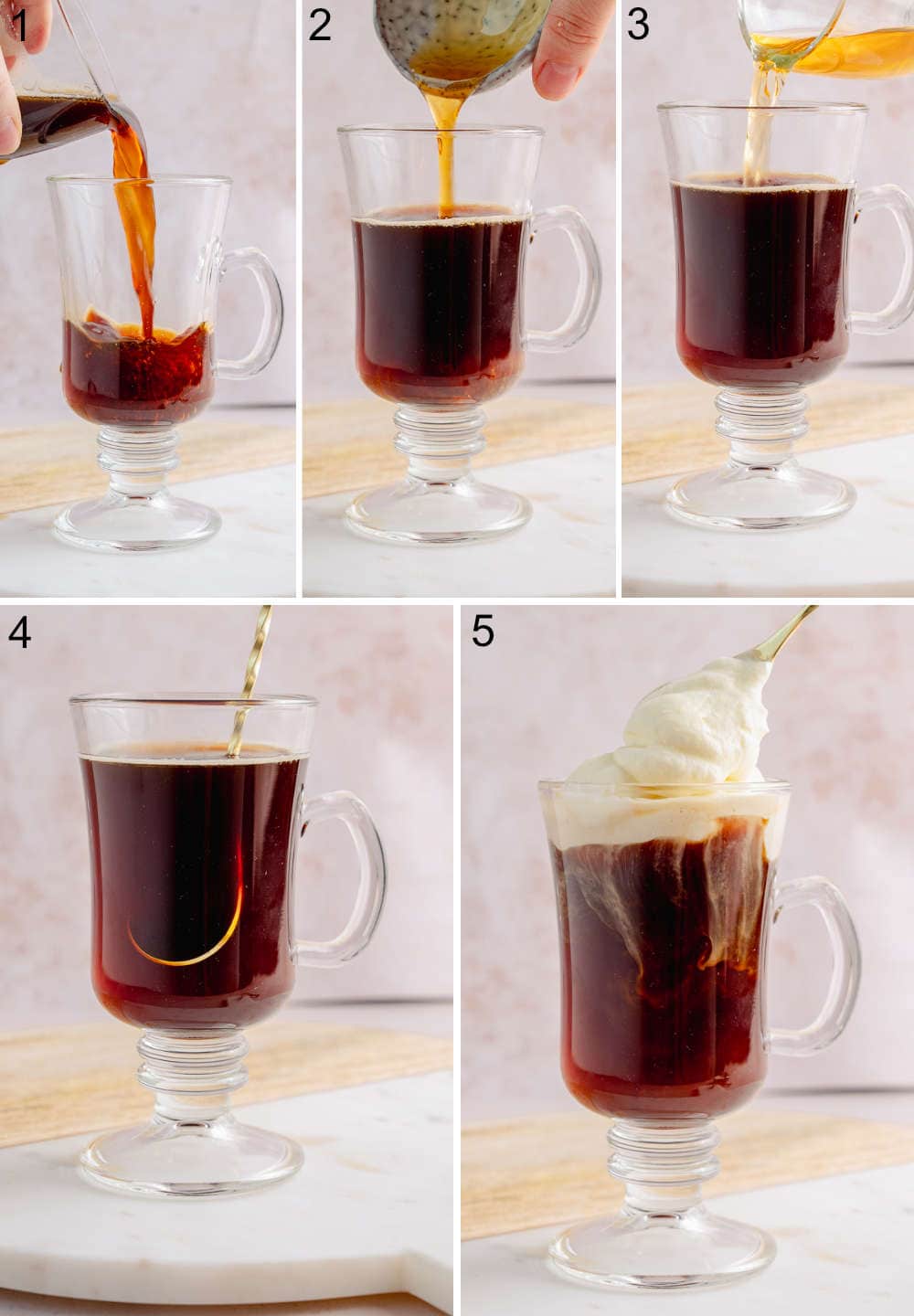 A collage of 5 photos showing how to prepare bourbon coffee.