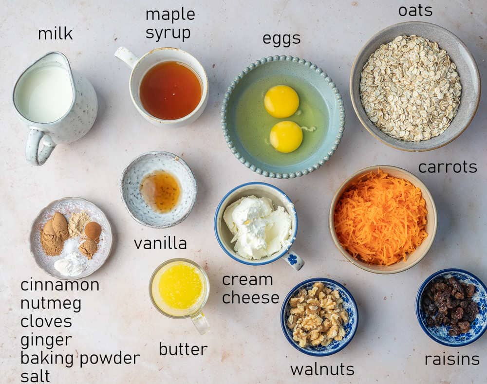 Labeled ingredients for carrot cake baked oatmeal.