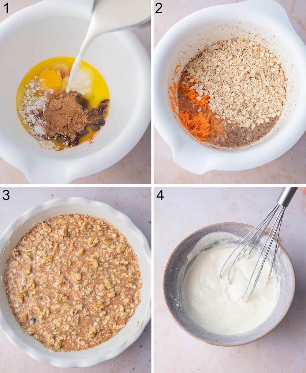 A collage of 4 photos showing how to make carrot cake baked oatmeal step by step.