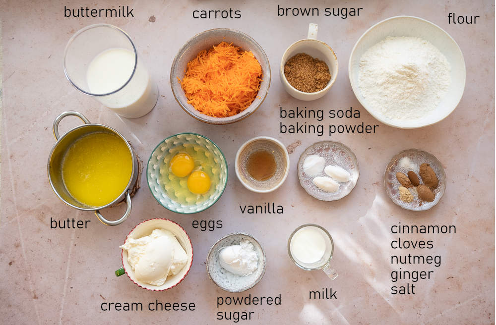 Labeled ingredients for carrot cake pancakes,