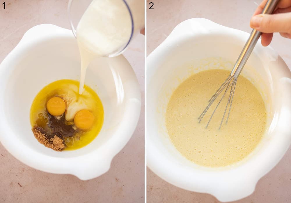 Buttermilk is being poured into a bowl with eggs and sugar. Wet ingredients for pancakes in a white bowl.