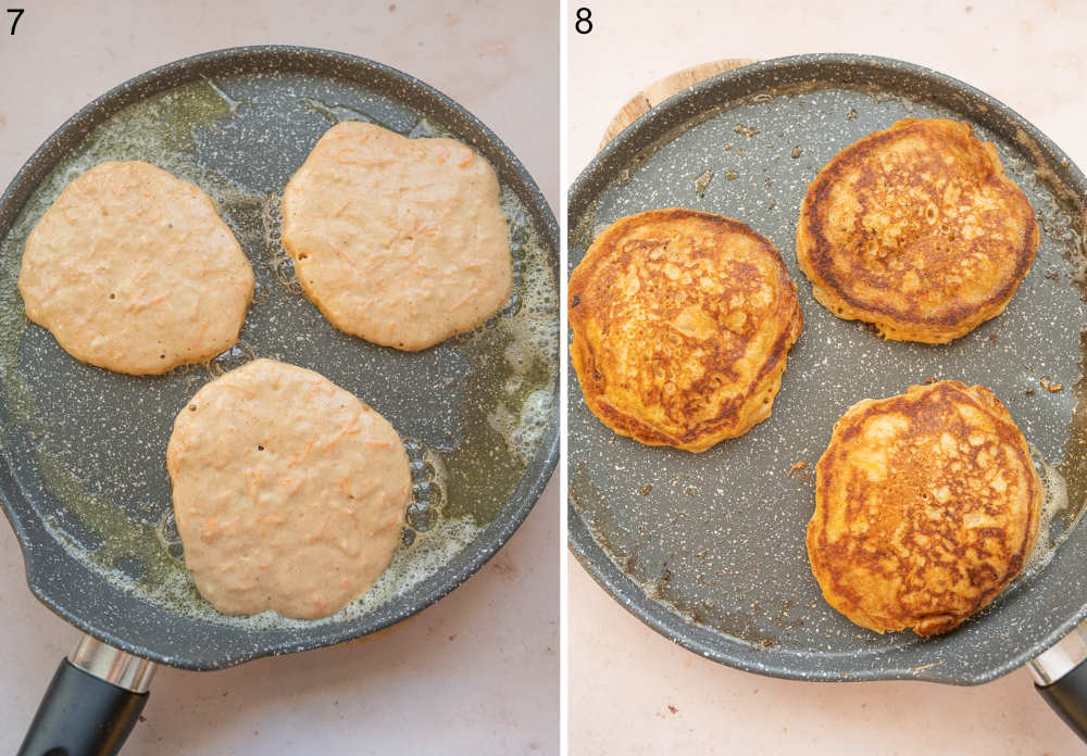 Pancakes are being cooked in a pancake pan.