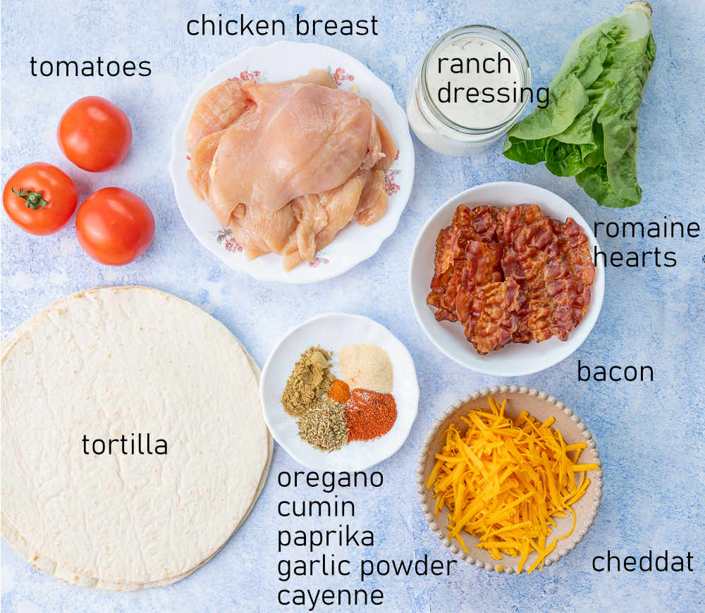 Labeled ingredients for chicken bacon ranch wrap.
