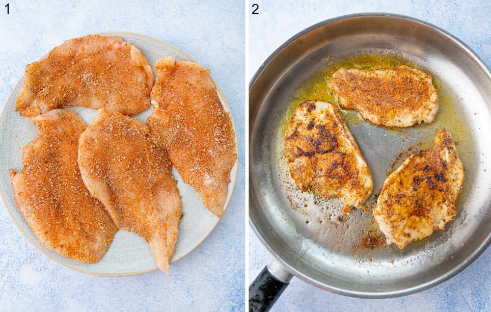 Chicken rubbed with spices on a plate. Chicken is being cooked in a pan.