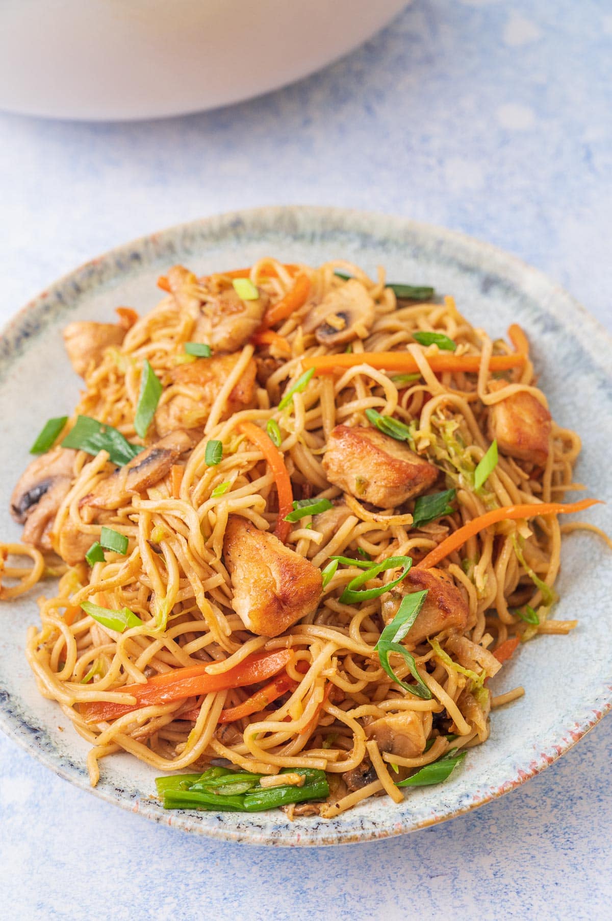 Chicken chow mein on a green plate.