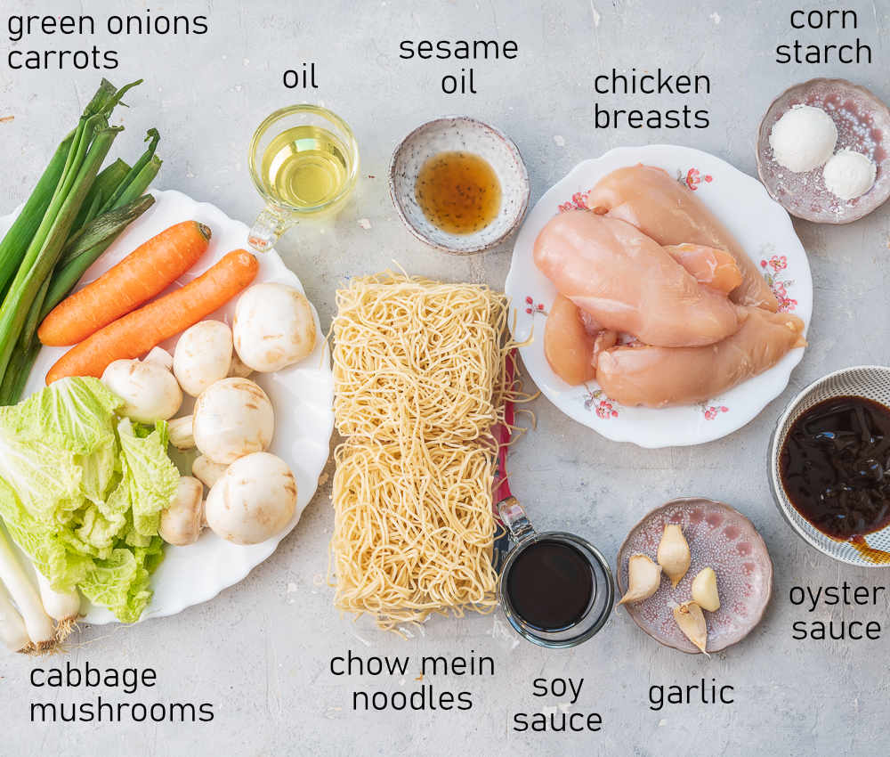 Labeled ingredients for chicken chow mein.