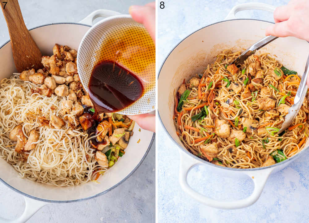 Sauce is being added to a pot with noodles, chicken and vegetables. Noodles are being tossed with the sauce and other ingredients.