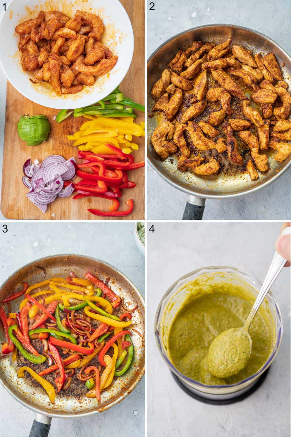 A collage of 4 photos showing how to make chicken fajita bowls step by step.