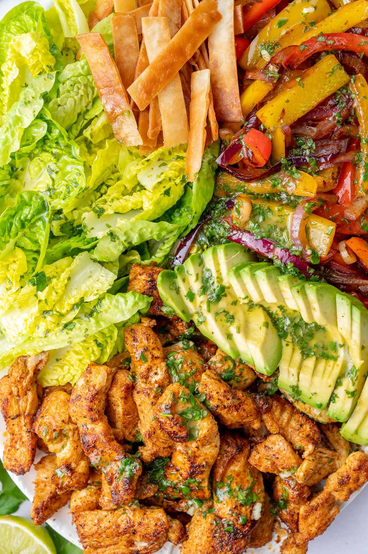 A close up photo of chicken fajita salad.