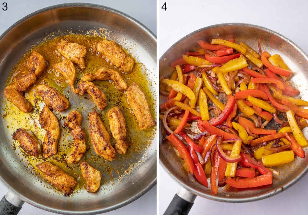Chicken is being cooked in a pan. Bell peppers and onions are being cooked in a pan.
