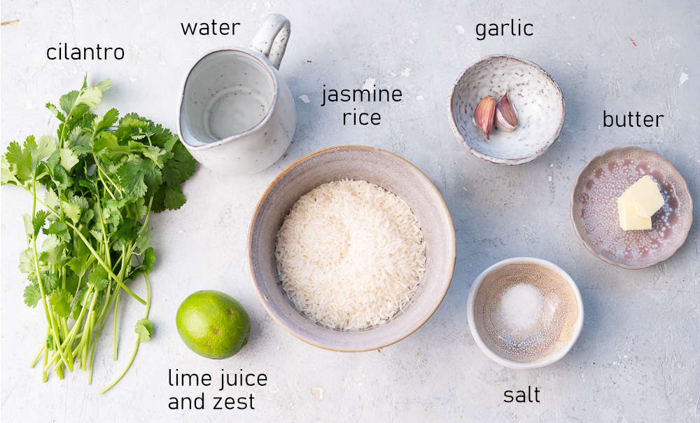 Labeled ingredients for cilantro lime rice.