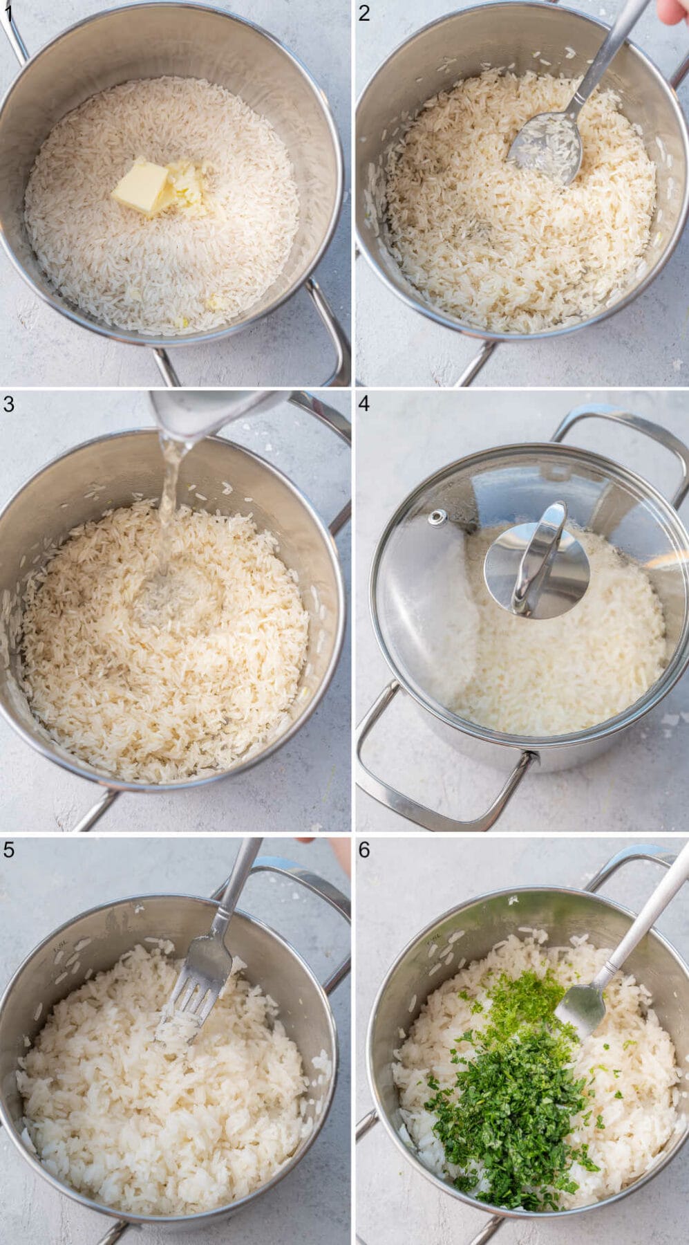 A collage of 6 photos showing how to make cilantro lime rice step by step.