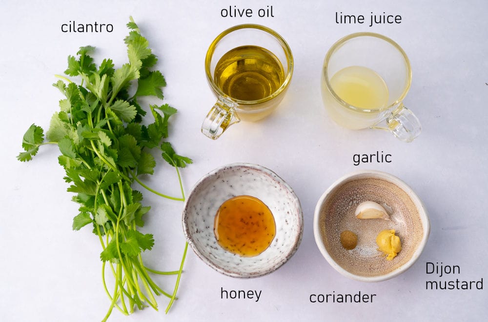 Labeled ingredients for cilantro lime dressing.