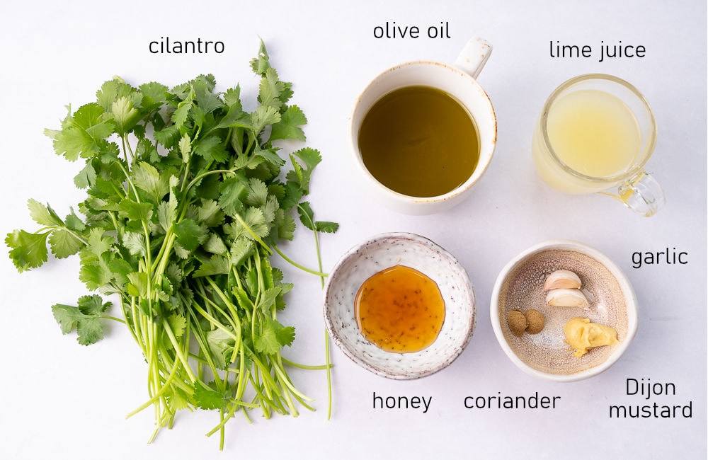 Labeled ingredients for cilantro lime vinaigrette.