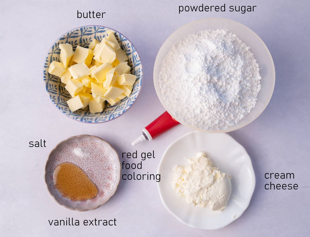 Labeled ingredients for cream cheese frosting for cookies.