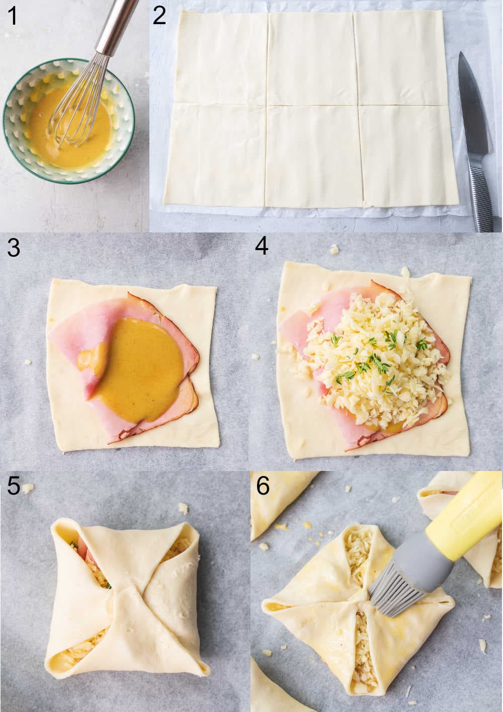 A collage of 6 photos showing how to make ham and cheese puff pastry pastries.
