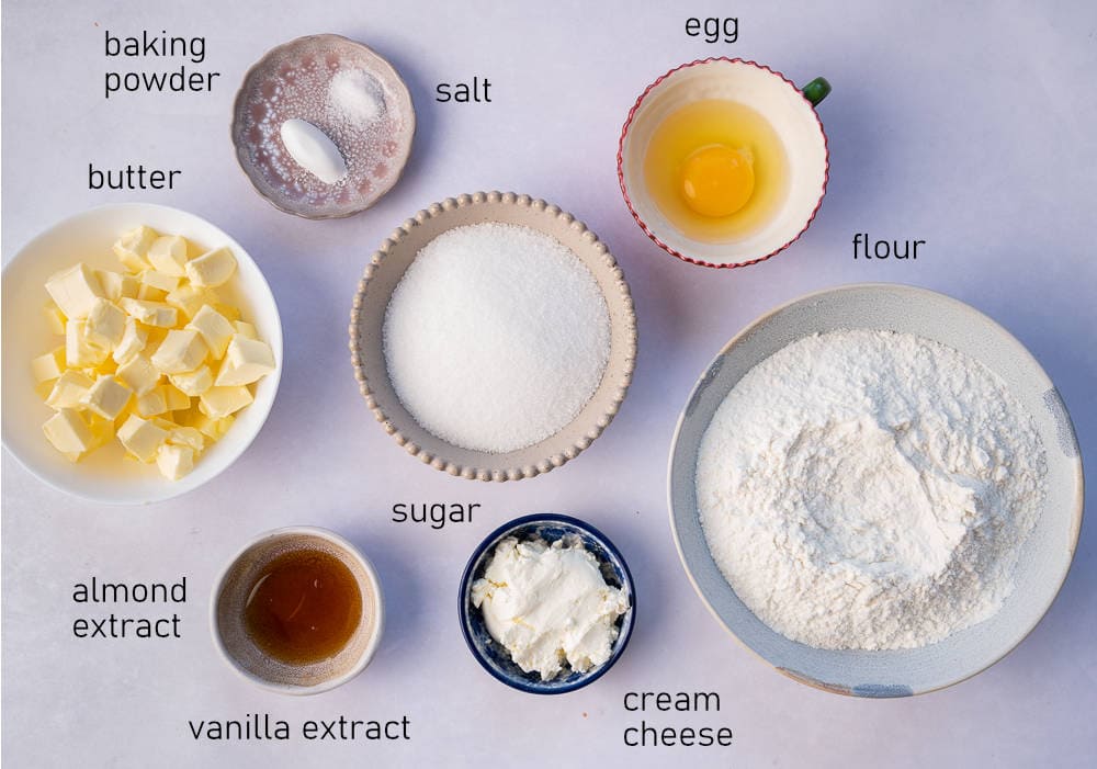 Labeled ingredients for sugar cookies.