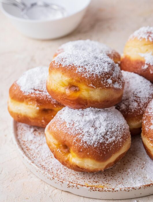 Krapfen dusted with powdered sugar on a white plate.