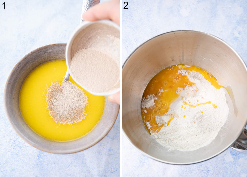 Yeast is being added to a milk mixture. Eggs and flour in a bowl.