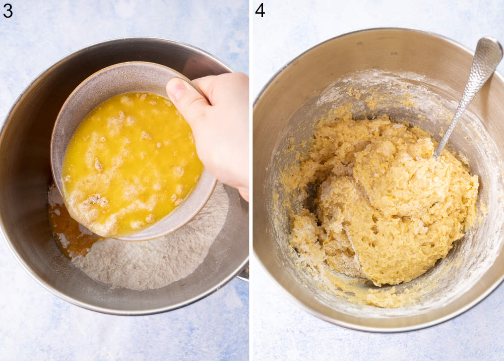 Yeast mixture is being added to bowl. Roughly combined ingredients for paczki dough.