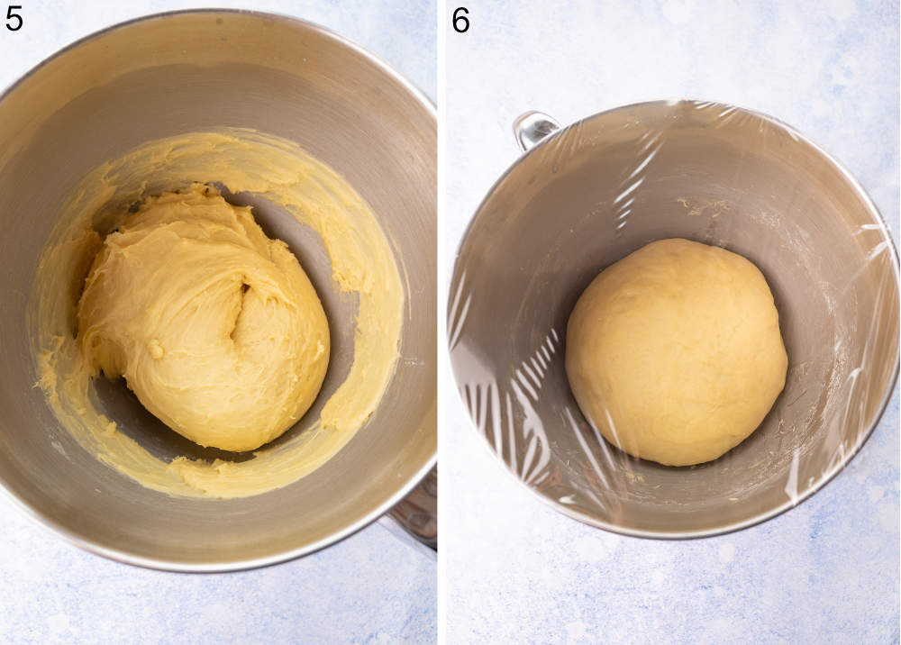 Paczki dough in a metal bowl.