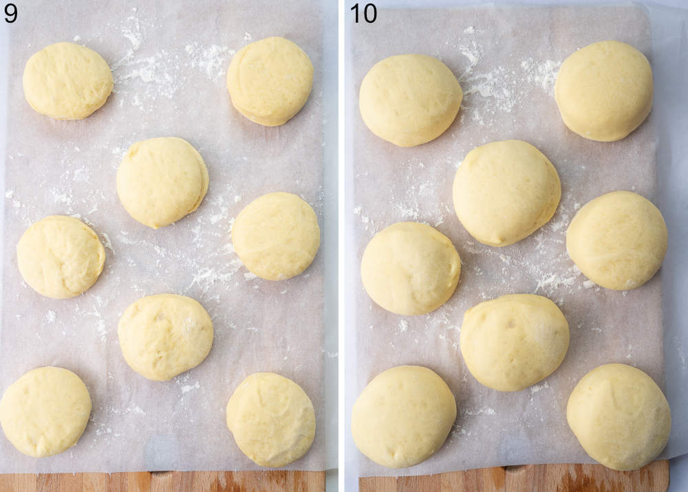 Paczki dough ready to be fried on a piece of parchment paper.