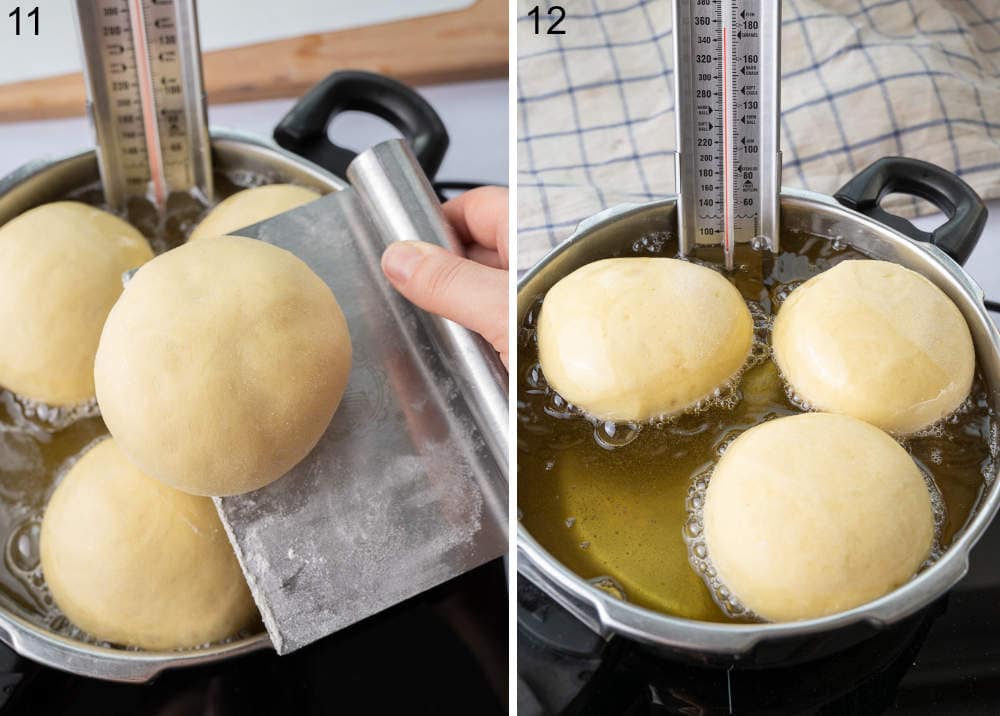 Paczki are being fried in a pot.