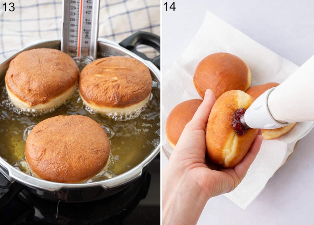 Paczki are being fried in a pot. Paczki are being filled with jam.