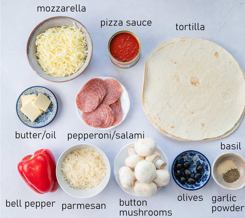 Labeled ingredients for pizza quesadillas.
