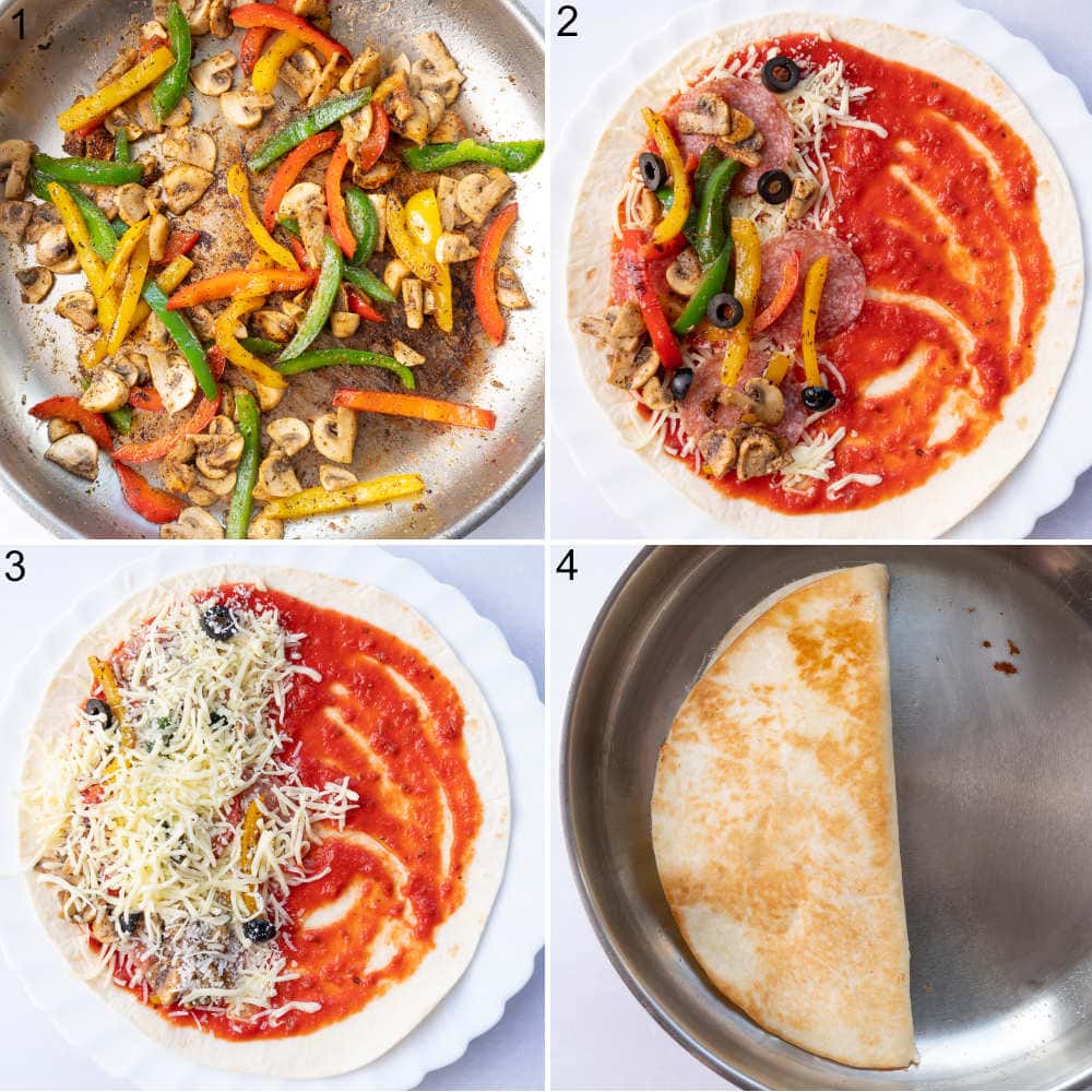 A collage of 4 photos showing how to make pizza quesadillas step by step.