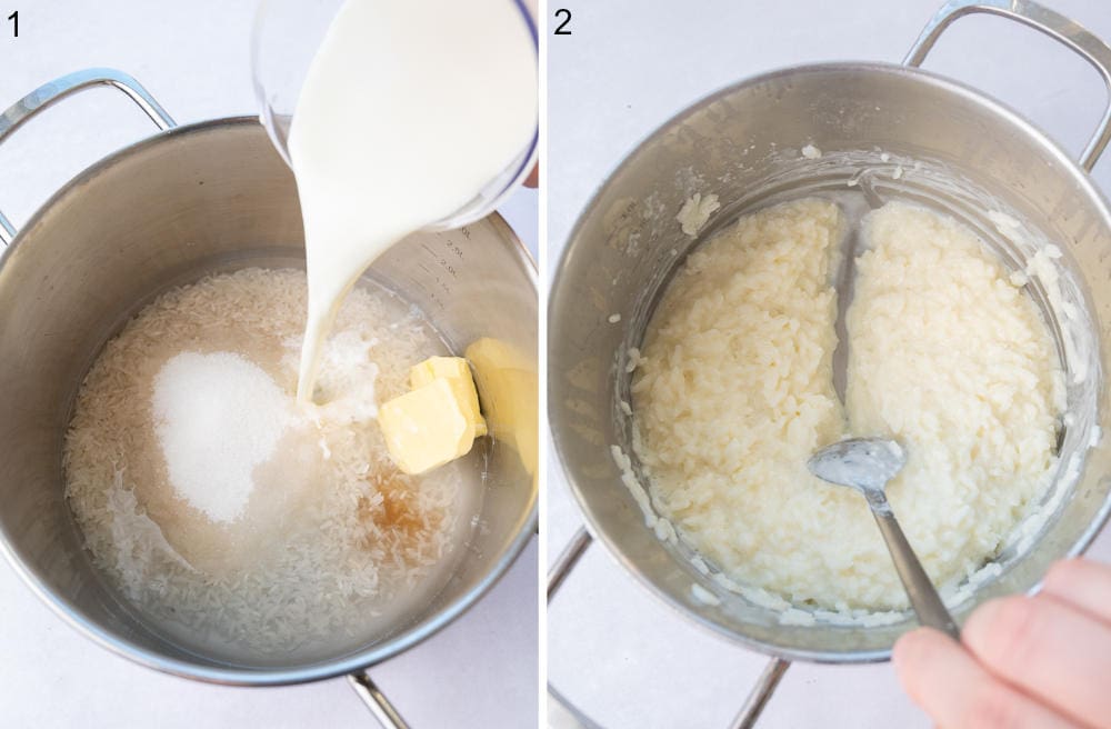 Milk is being added to a pot with rice. Cooked rice with milk in a pot.