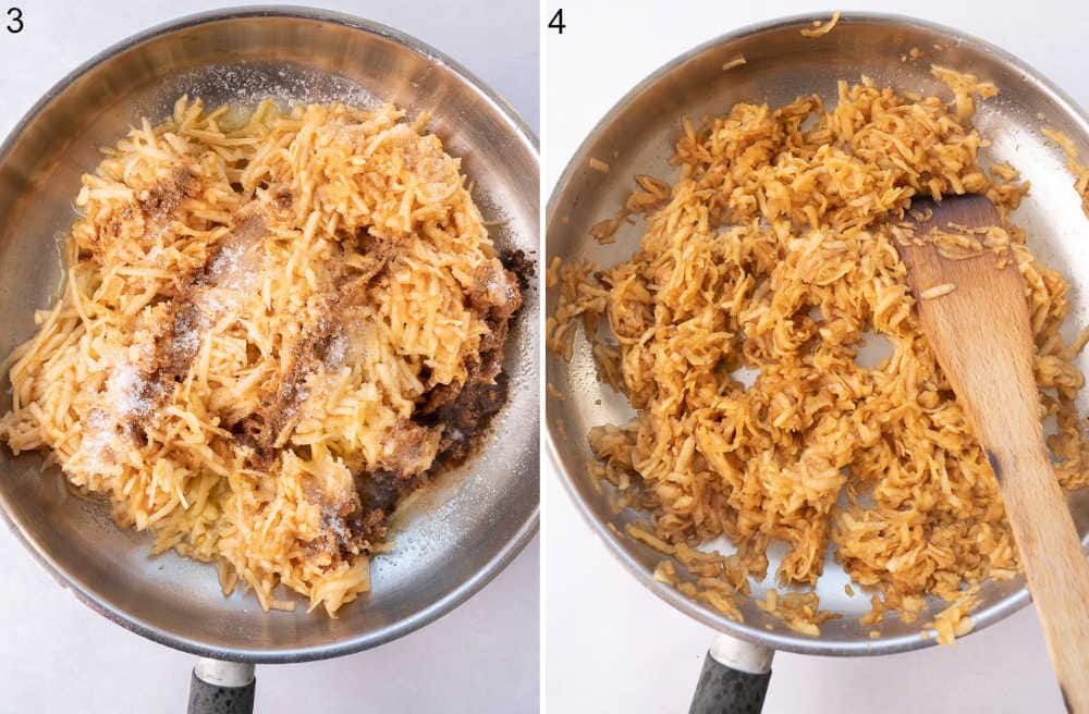 Shredded apples are being cooked in a pan.