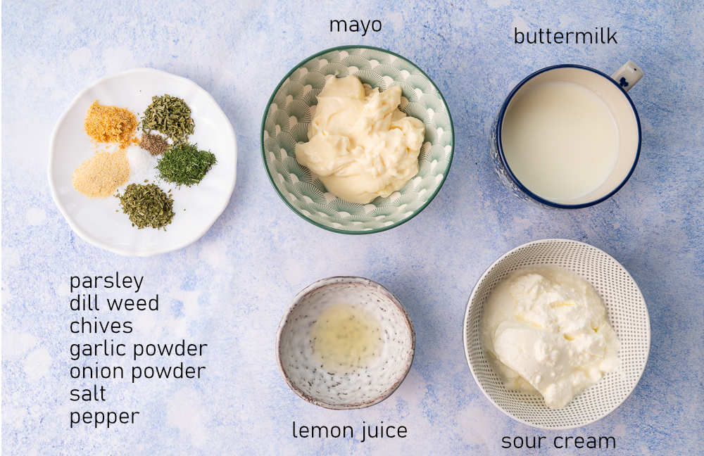 Labeled ingrediets for ranch dressing.