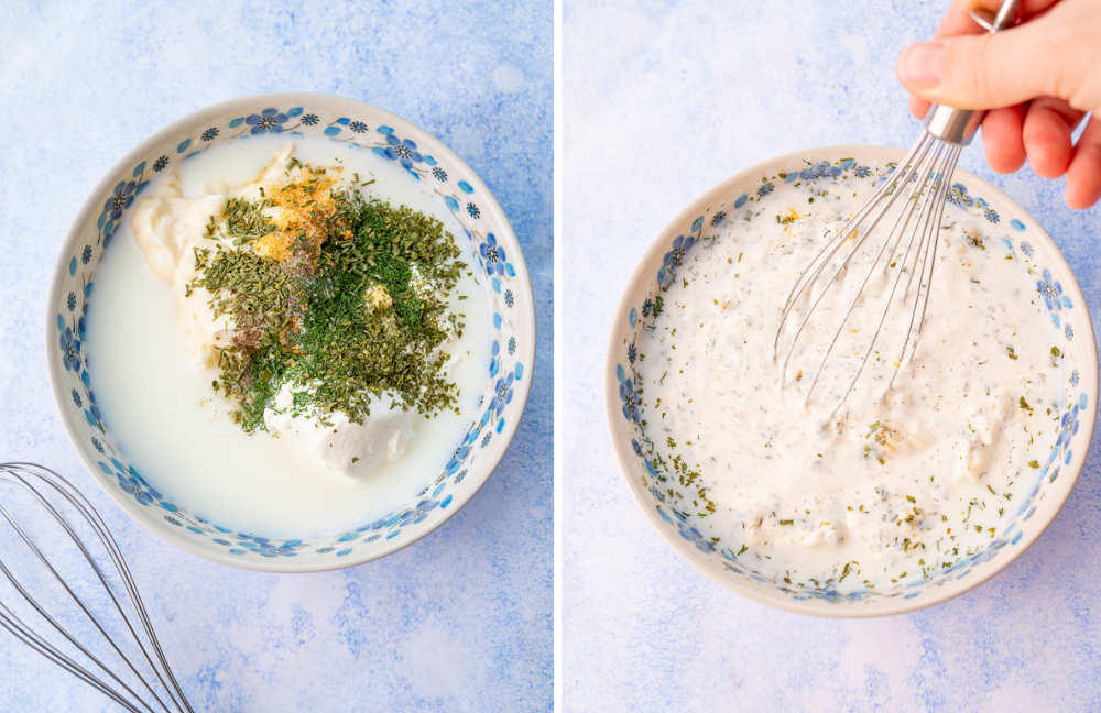 A collage of 2 photos showing how to prepare ranch dressing step by step.