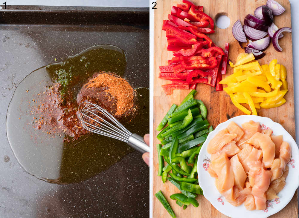 Spices are being stirred with oil on a baking tray. Chopped vegetables and chicken on a wooden board.