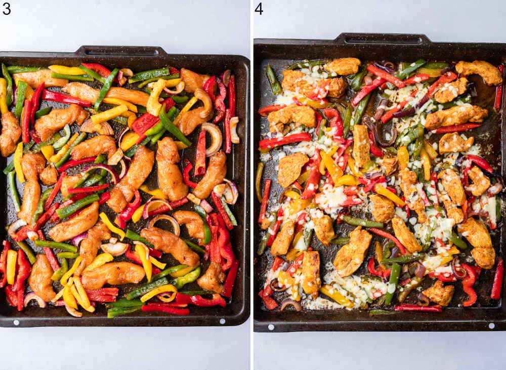 Chicken and vegetables on a baking sheet. Broiled chicken with vegetables on a baking sheet.