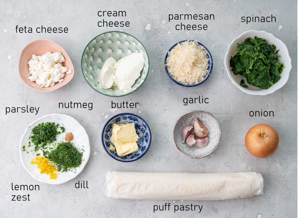 Labeled ingredients for spinach puffs.