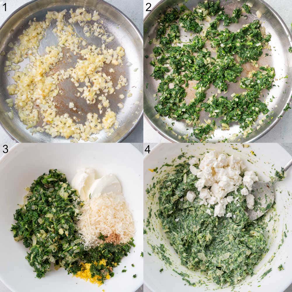 A collage of 4 photos showing how to make the filling for spinach puffs.