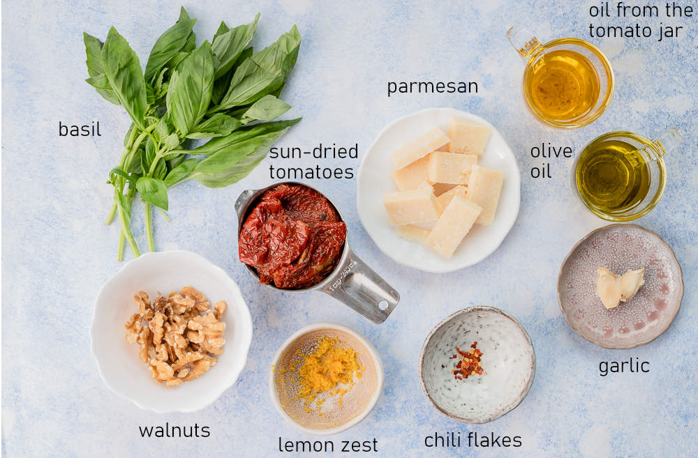 Labeled ingredients for sun-dried tomato pesto.