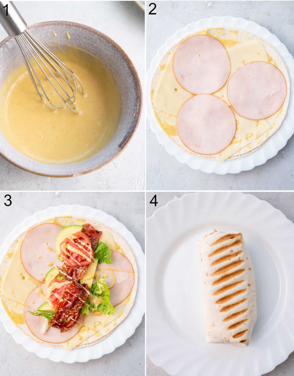 A collage of 4 photos showing how to make turkey wrap step by step.