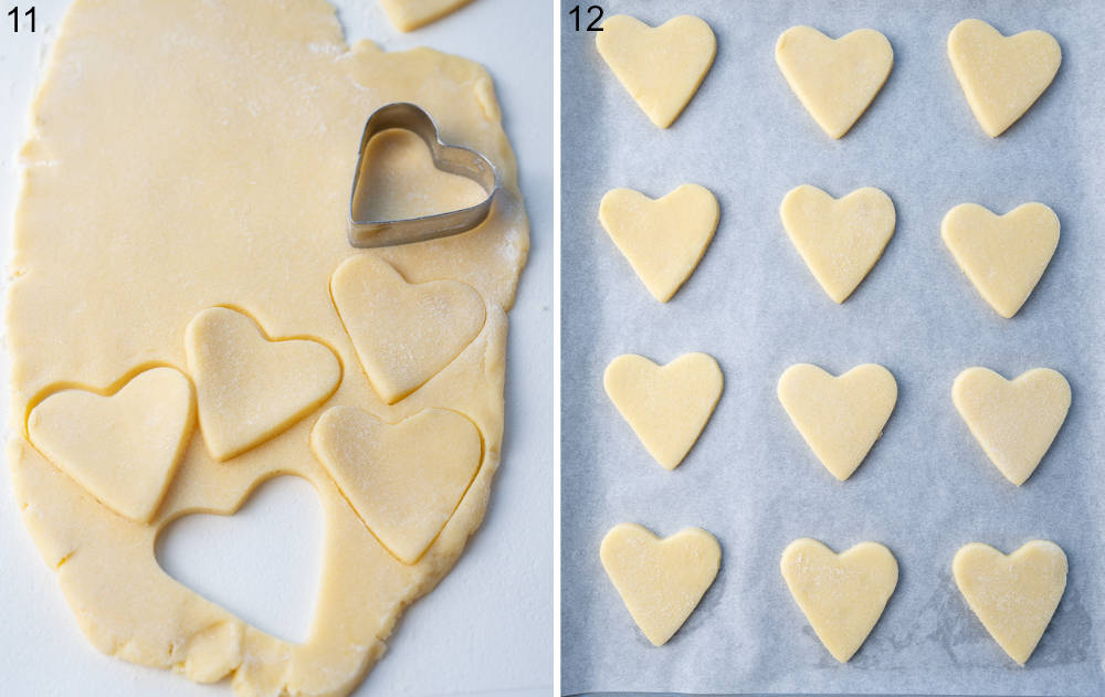 Hearts are being cut out of sugar cookie dough. Cookie hearts on a baking sheet.