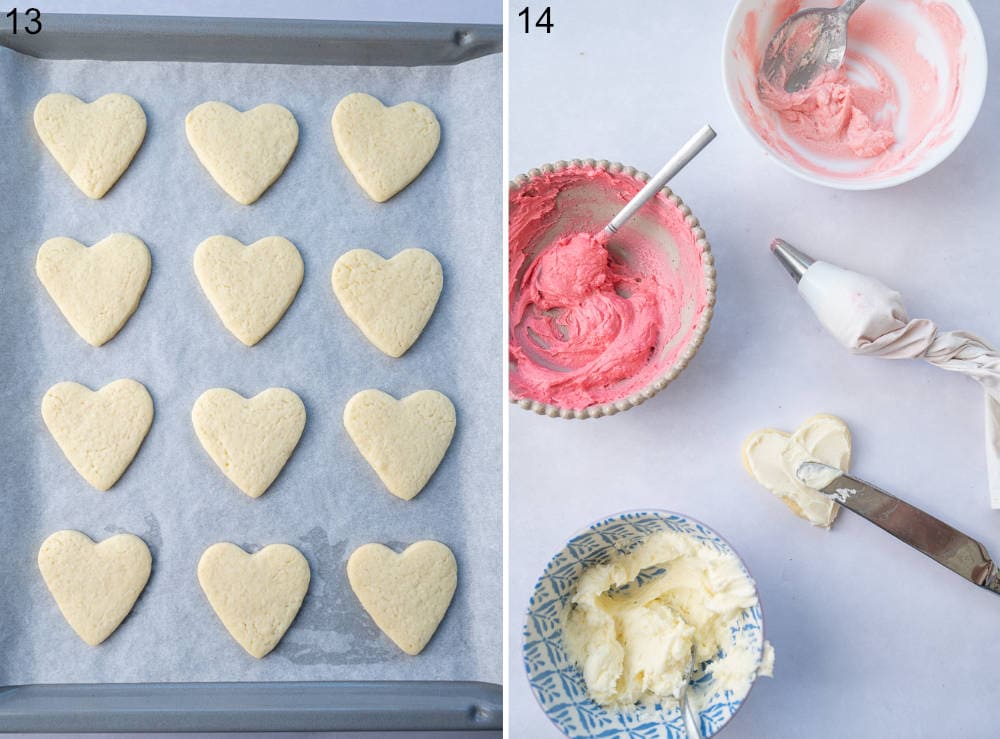 Baked heart-shaped sugar cookies. Frosting in different colors. A cookie is being frosted.