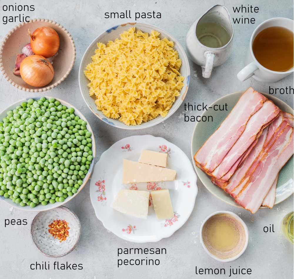 Labeled ingredients for bacon peas pasta.
