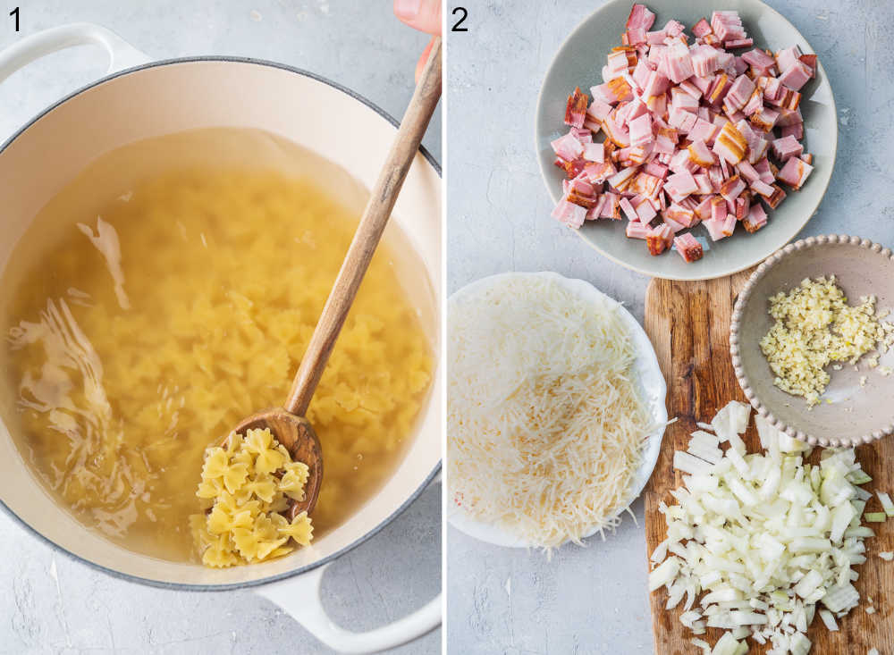 Pasta is being cooked in a pot. Chopped ingredients for pasta.