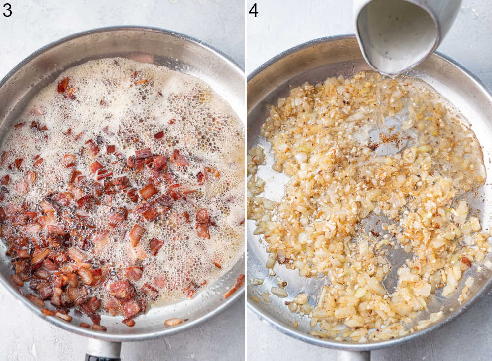 Bacon is being cooked in a pan. Sauteed onions and garlic in a pan.