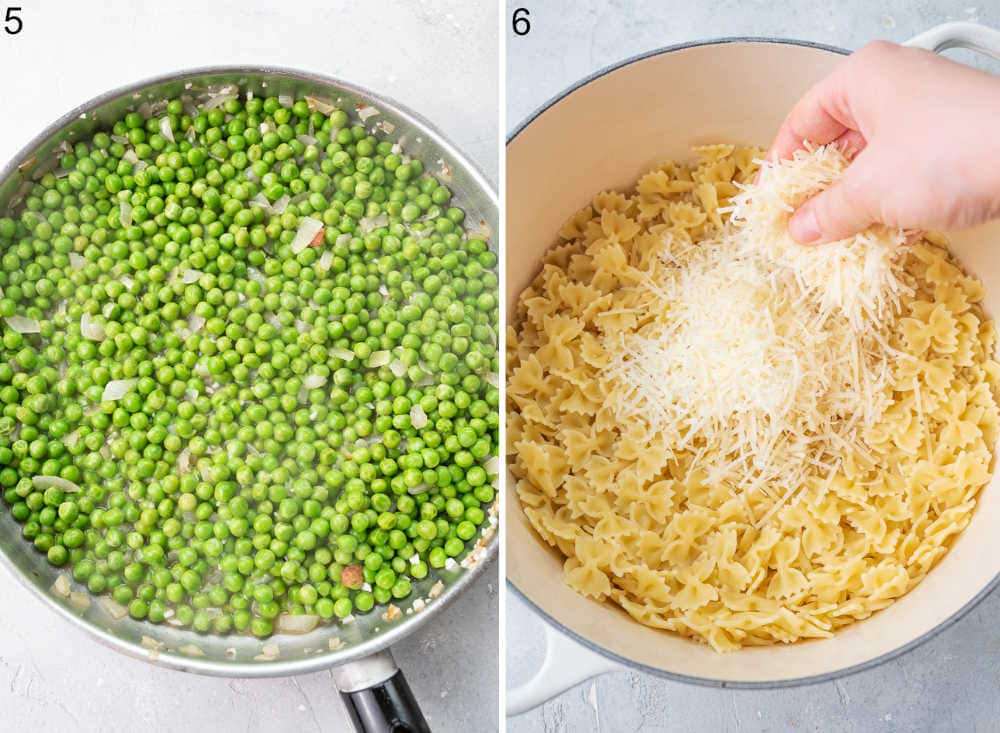 Peas is being cooked in a pan. Shredded cheese is added to pasta in a pot.