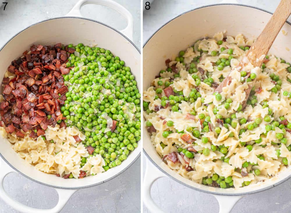 Bacon, peas, and pasta in a pot. Pasta is being stirred in a pot.