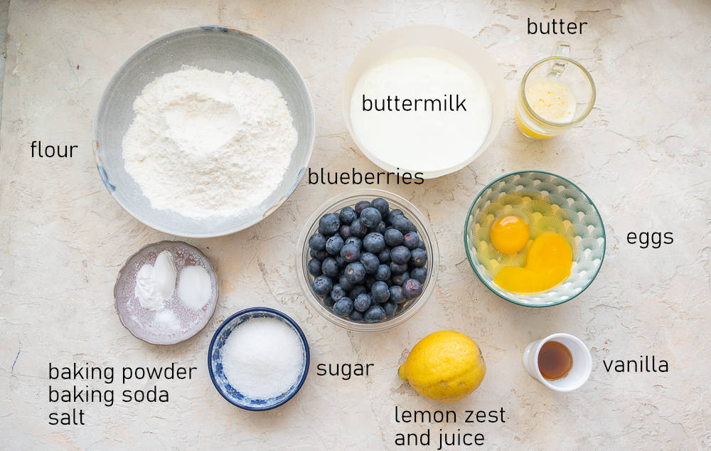Labeled ingredients for blueberry buttermilk pancakes.